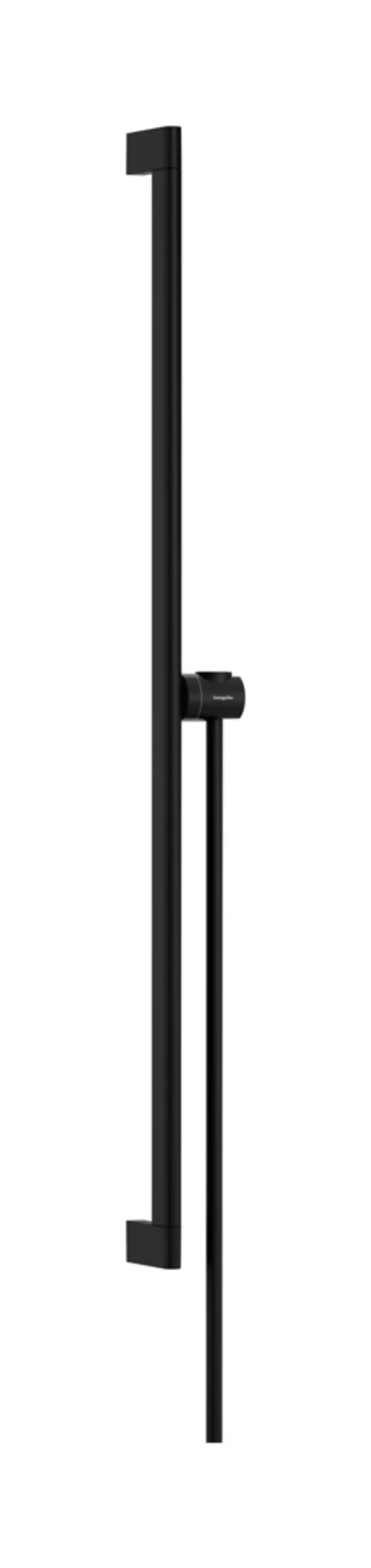 Schwarze Brausestange von Hansgrohe mit Handbrausehalter und flexibler Schlauchführung in einem schlichten, geraden Design.